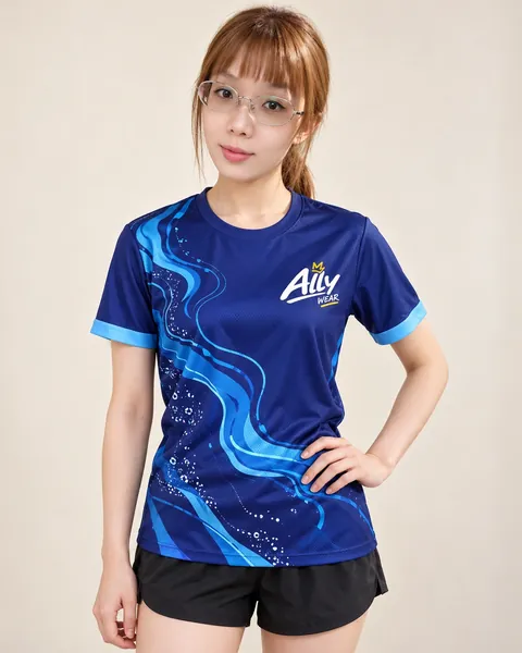 Ally 穿著深藍流線圖案圓領團體T恤（模擬示意）