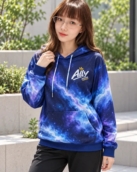 Ally 穿著夜藍星雲圖案長袖帽T（模擬示意）