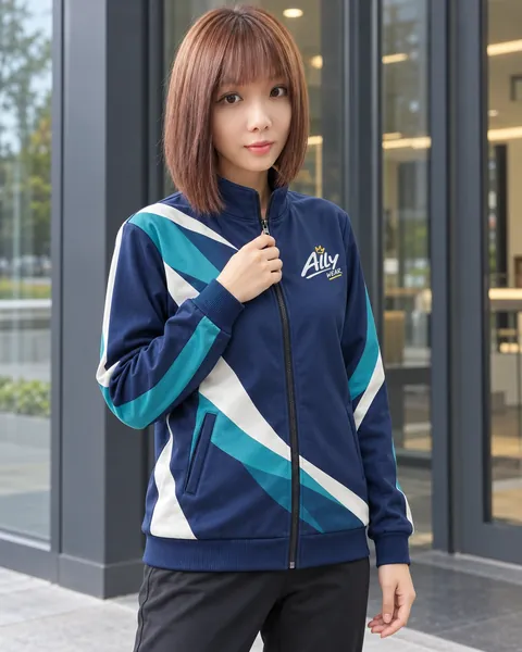 Ally 穿著深藍青綠線條立領拉鍊外套（模擬示意）