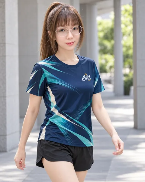 Ally 穿著深藍青綠流線跑步短袖上衣（模擬示意）