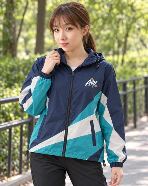 Ally 穿著深藍青綠流線連帽防風外套（模擬示意）